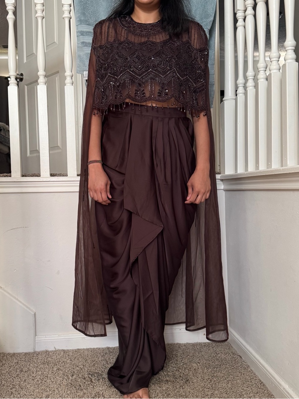 4 Piece, Elegant Chocolate Brown gown with Beading and draped skirt
